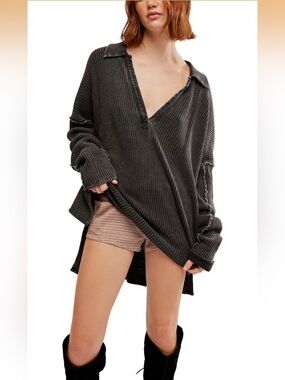We The Free Charcoal Waffle-Knit Open Collar Pullover